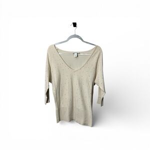 White House Black Market ivory gold studded V neck fitted sweater size S
